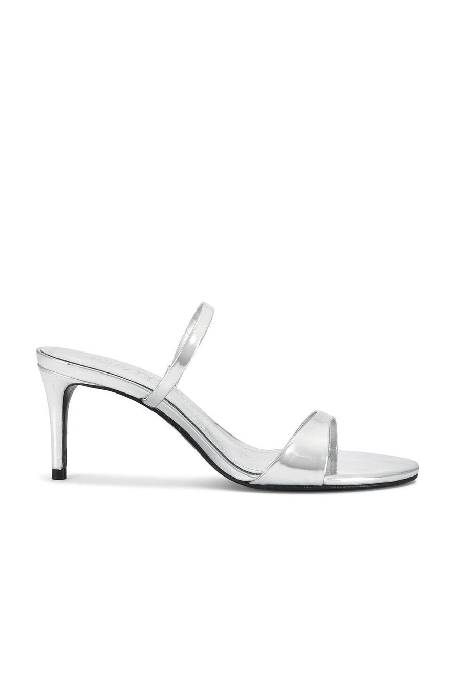 Schutz Jessica Mid Mule in Prata patent leather mid stiletto heel silver